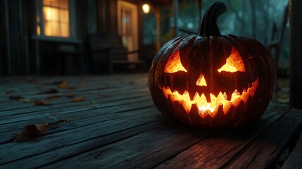 Obraz premium A spooky jack-o'-lantern with a twisted grin, lit by a flickering candle on an old wooden porch.