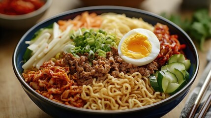 An image of instant noodles being served in a bowl with a variety of toppings like vegetables, meat, and a boiled egg, with a focus on the vibrant, colorful presentation.