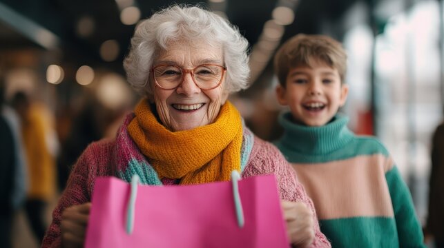 An elderly woman and a child joyfully shop in the mall, showcasing strong familial ties, happiness, and togetherness in a lively and dynamic retail environment.