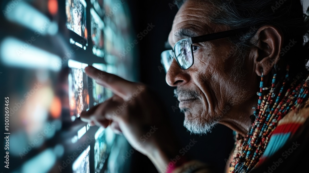 Poster a person interacts with a digital touchscreen display, carefully selecting photographs, illustrating
