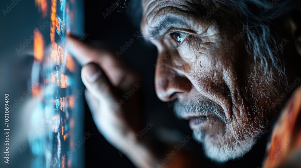 Poster a hand is pointing at a brightly lit digital display filled with data and images, representing techn