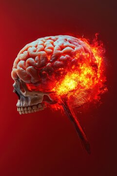 A surreal depiction of a skull with a brain exploding in flames.