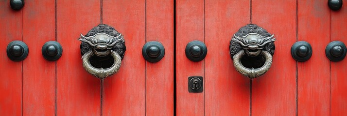 Ornate chinese door knockers on red wooden door
