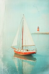 Sailboat on calm waters with lighthouse in the distance