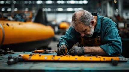 A focused man assembles mechanical components on a workbench in an industrial facility surrounded by yellow machinery, demonstrating precision engineering and craftsmanship.