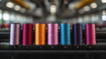 A vibrant display of colorful spools of thread in a textile manufacturing setting, representing creativity, craftsmanship, and the beauty of textile arts.