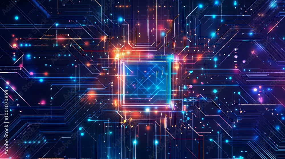 Aufkleber abstract digital circuit board with glowing lines and a central square.