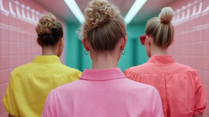 Three women, dressed in vibrant colors, walk down a brightly colored corridor from behind. The image emphasizes unity and individuality amidst a lively, modern background.