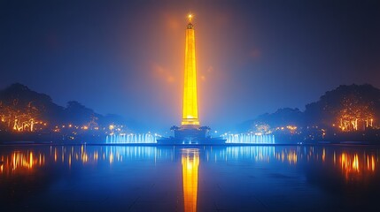 Illuminated obelisk with fountain in a park at night.
