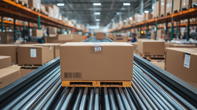 automated warehouse scene with rows of boxes moving efficiently on conveyor belts