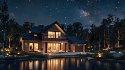 Fototapeta premium Modern Home with Pool under a Starry Sky