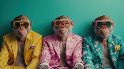 A trio of monkeys sit together, dressed in bright yellow, pink, and turquoise suits against a minimal teal backdrop, showcasing a playful and colorful fashion statement.