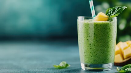 Fototapeta premium A fresh green smoothie in a transparent glass garnished with a slice of mango and basil leaves, accompanied by a straw, set against a soft green background with mango pieces.