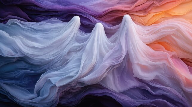 Three veiled, spectral figures appear in soft, fluid motion, surrounded by gentle gradients of light creating a serene, mystical, and dream-like atmosphere. - Powered by Adobe