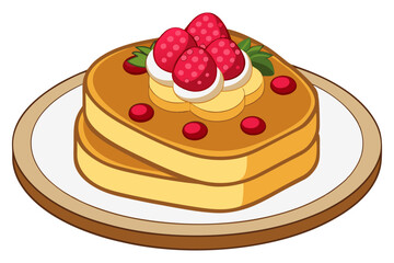 French toast with raspberries maple syrup and butter on white background, cake with strawberry