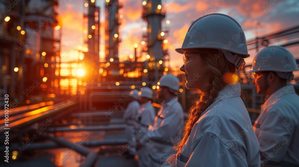Poster a group of workers are standing on a platform in front of a sunset