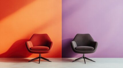 Fototapeta premium A pair of stylish chairs, one red and one gray, set against a vivid background split between orange and purple, representing contemporary minimalist interior design.