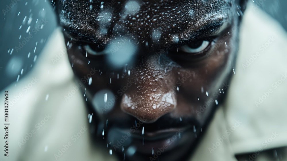 Poster a macro image emphasizing raindrops running down a window, which conveys a sense of serenity and qui