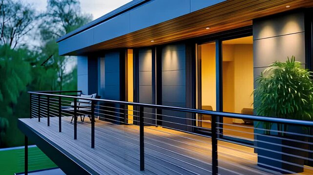 Modern house with a sleek deck, glass doors, and railing, creating a stylish and contemporary outdoor living space surrounded by nature.