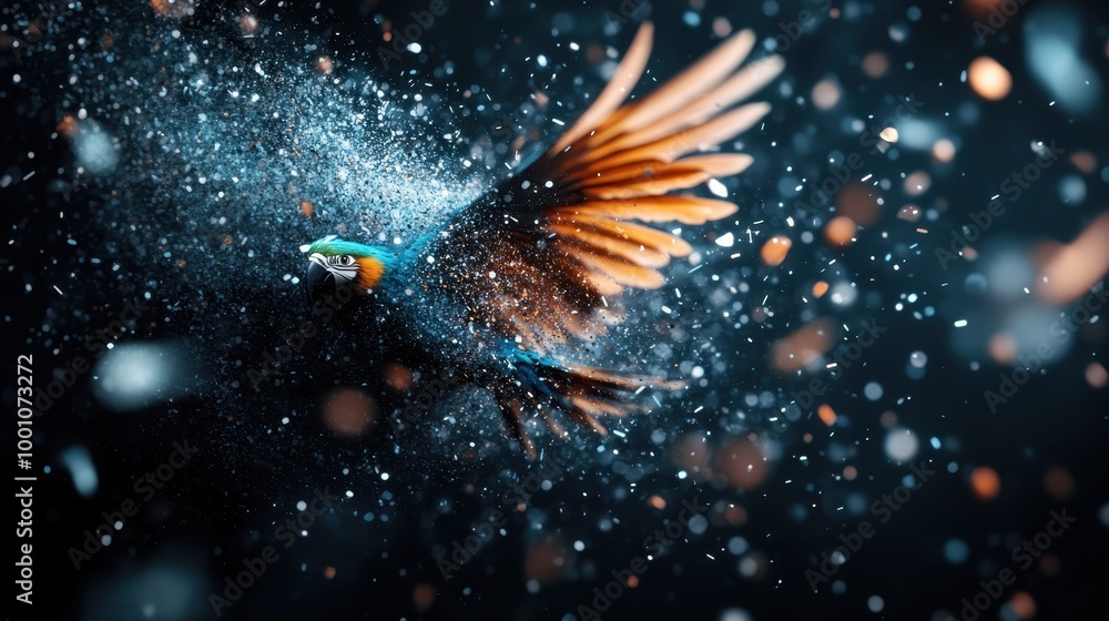Poster a stunning photograph capturing a bird's vibrant feathers exploding into a burst of colors against a