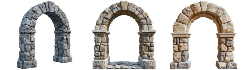 Stone Arches in Various Styles and Textures Isolated on Transparent Background
