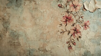 Peeling pastel floral wallpaper with a textured background.
