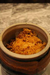 Indian cuisine: chicken biryani (mixed rice dish)
