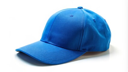 Fototapeta premium This fashionable blue baseball cap, set against a pristine white background, exemplifies versatility in headwear,