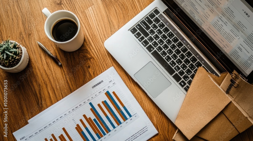 Poster an overhead view of a workspace with a laptop displaying a financial bar chart, surrounded by financ