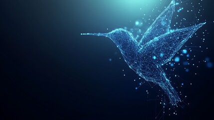 A digital illustration of a hummingbird made up of lines and dots in a low poly style on a blue background.