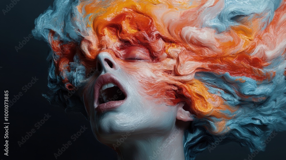 Poster a fascinating abstract portrait with intense, swirling patterns of orange and blue colors emanating 