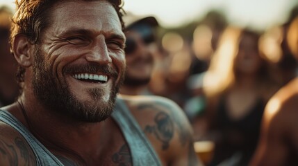 Fototapeta premium A man with a hearty laugh and tattoos stands outdoors, surrounded by friends during a sunlit gathering, evoking a sense of camaraderie and carefree happiness.