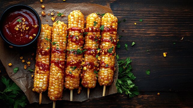 colorful summer carnival food display with corn dogs and sides on dark wooden surface top down perspective