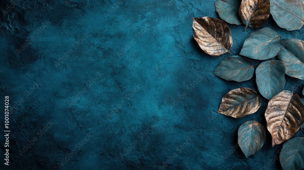 Poster a textured teal background is accentuated by metallic leaves arranged artistically on the right side