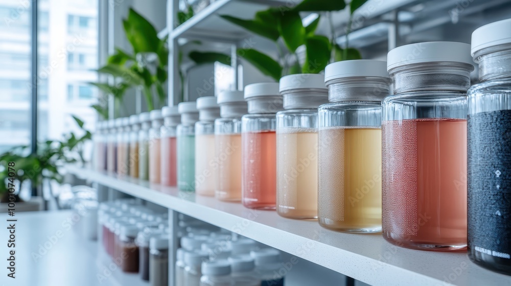 Poster the image showcases a row of glass jars filled with various liquids neatly arranged on a shelf in a 
