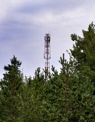 A tall cell tower emerges from the dense green forest, standing against a backdrop of cloudy skies. The juxtaposition of modern telecommunications infrastructure with the natural surroundings creates