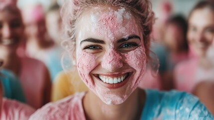 A cheerful woman with a vibrant pink powder face, surrounded by people, exuding youthful joy and energy at a festive event, captured close-up.