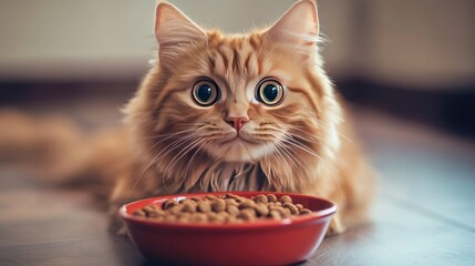 An overweight ginger cat sitting beside a bowl of cat food, gazing at the camera with wide, curious eyes.