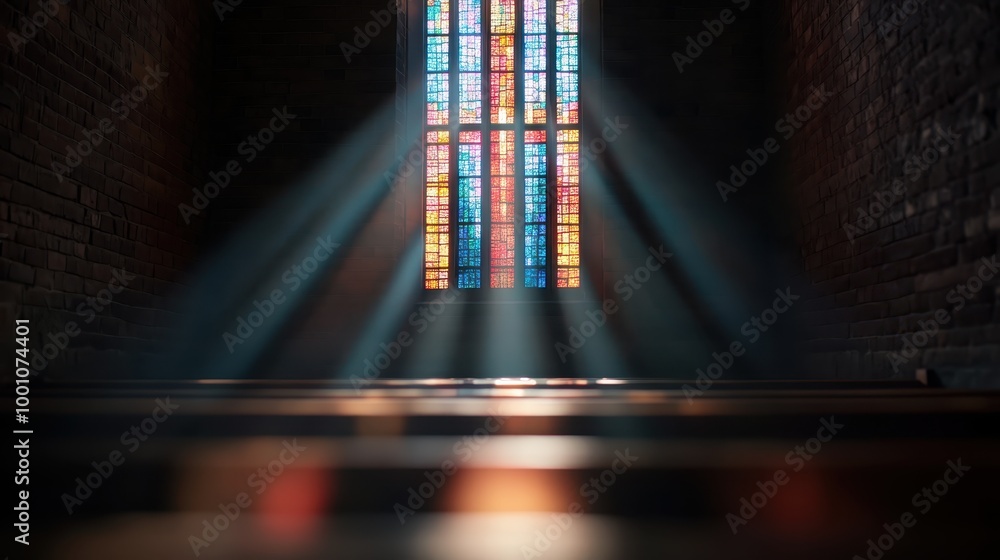 Poster rays of sunlight pierce through a colorful stained glass window in a historic church, casting a mesm