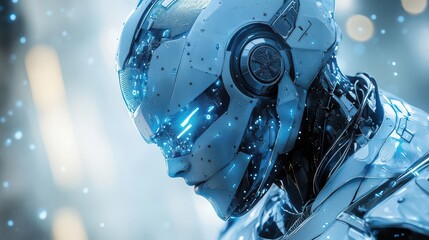 Fototapeta premium Cybernetic warrior in futuristic armor, scifi, blue and metallic, digital illustration