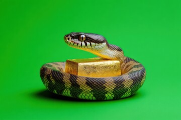 Obraz premium Snake coiled around gold ingot on green surface