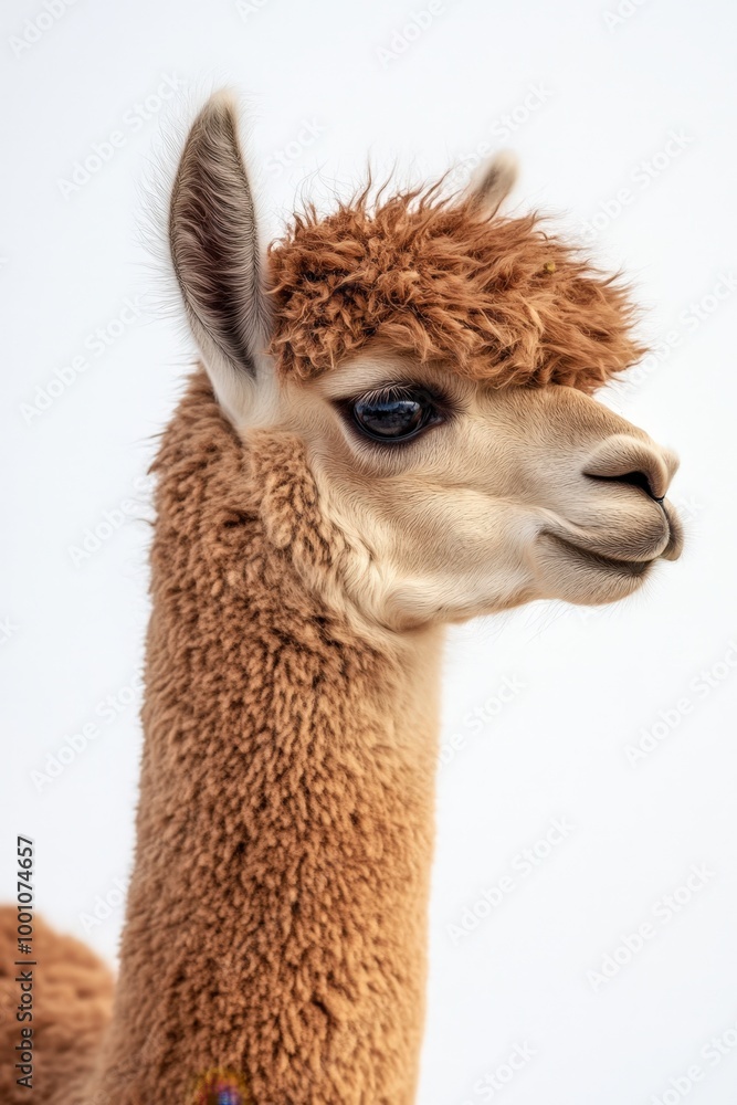Poster close-up portrait of a fluffy alpaca with a curious expression