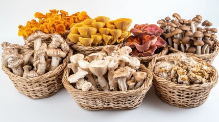 Obraz premium A bright, gourmet mushroom display in baskets, featuring a variety of colorful mushrooms with intricate textures on a clean white backdrop.