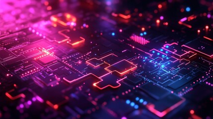 Neon Puzzle Pieces Connecting Over Futuristic Circuit