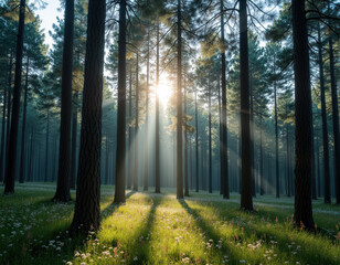 Naklejka premium 森と木漏れ日の魅惑的な自然の風景