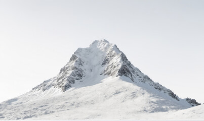 Obraz premium A snow-covered mountain peak stands tall against a clear, white sky