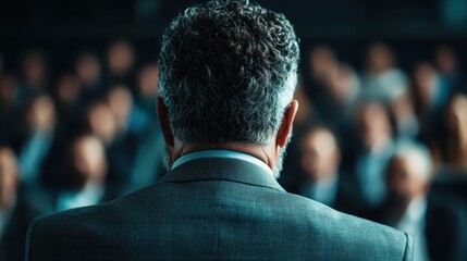 Fototapeta premium A person with gray curly hair, dressed in a suit, is addressing a crowd, viewed from behind, emphasizing leadership and engagement in a professional and formal setting.