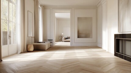 A bright white oak parquet floor with a herringbone pattern, illuminated by natural light to highlight the refined texture of the wood.