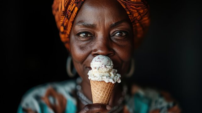 A woman in lively traditional attire, including earrings and a colorful headscarf, smiling happily with an ice cream in hand, symbolizing joy and cultural vibrancy.