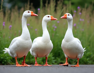 Obraz premium オレンジ色のくちばしと足を持つ 3 羽の白いガチョウが、背の高い草と紫の花を背景にした道に一列に立っています。